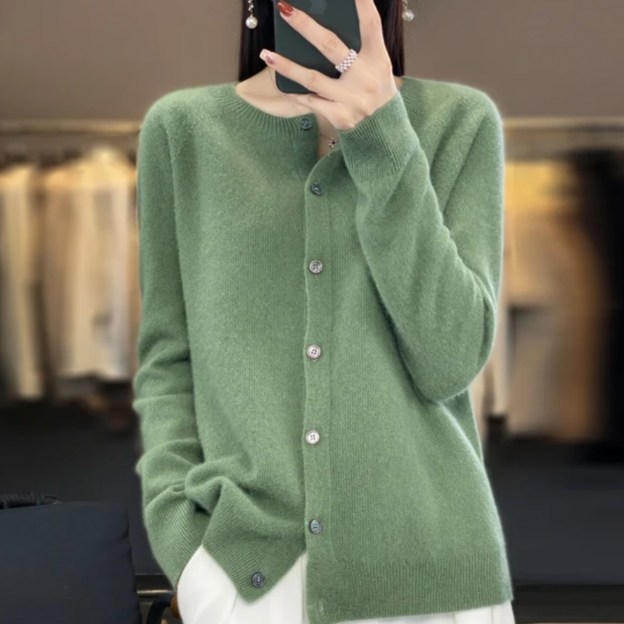 Rhea | Konunglegur kvenna léttur Merino kardigan | Daglegur klassískur